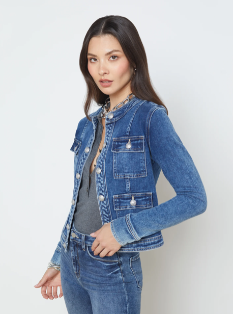 Collarless on sale denim jacket