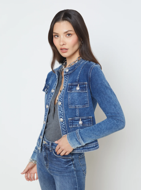 Collarless cropped denim sales jacket