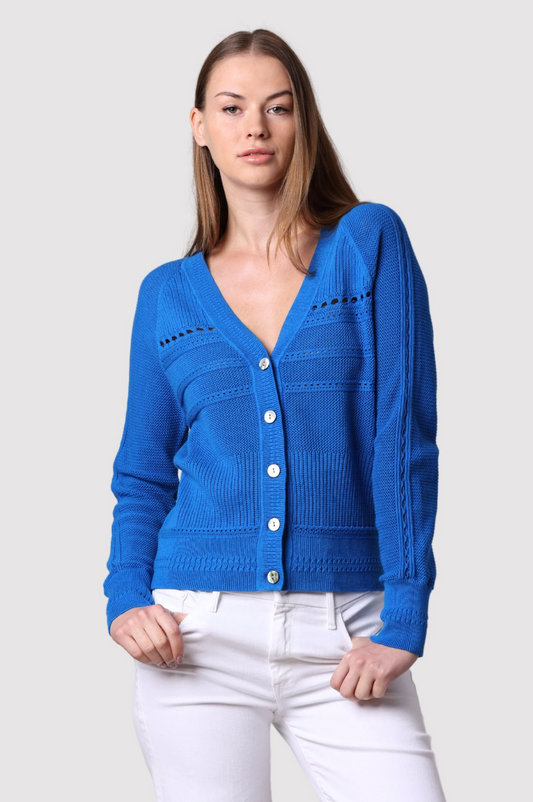 Cotton Cashmere Pointelle Mix V Neck Cardigan